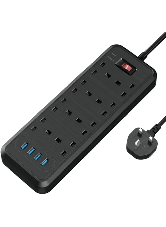 PROMASS UK-UAE best 3250W heavy-duty power extension with a 2-meter cord, featuring 8 sockets, 3.1 A - 4 USB ports, 1050J surge protection,220-250V,13 A, overload protection, and a fire-retardant design. - Image 1