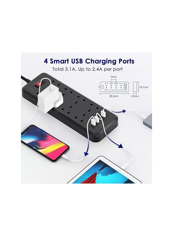 PROMASS UK-UAE best 3250W heavy-duty power extension with a 2-meter cord, featuring 8 sockets, 3.1 A - 4 USB ports, 1050J surge protection,220-250V,13 A, overload protection, and a fire-retardant design. - Image 4