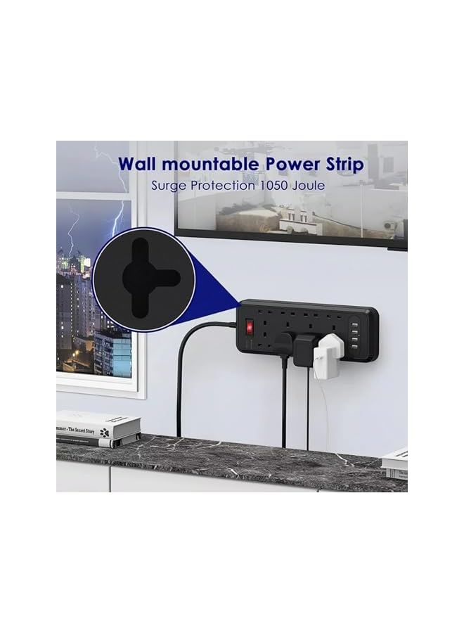 PROMASS UK-UAE best 3250W heavy-duty power extension with a 2-meter cord, featuring 8 sockets, 3.1 A - 4 USB ports, 1050J surge protection,220-250V,13 A, overload protection, and a fire-retardant design. - Image 5