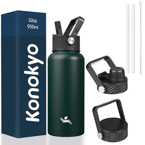 Konokyo 32 oz Insulated Water Bottle Stainless Steel Sport Bottles with 3 Lids,Army Green - Image 1
