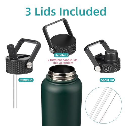 Konokyo 32 oz Insulated Water Bottle Stainless Steel Sport Bottles with 3 Lids,Army Green - Image 3