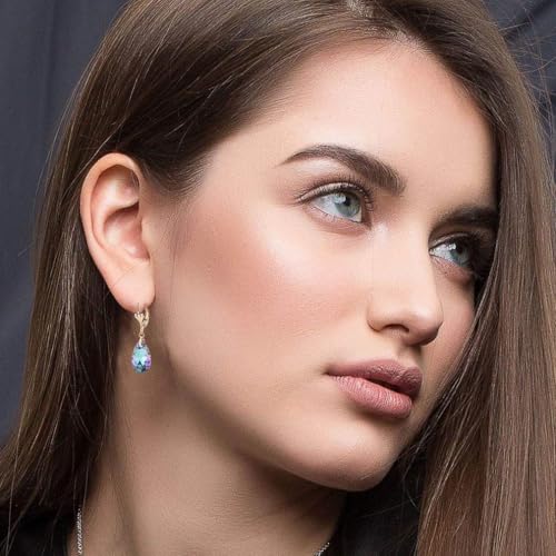 EVEVIC Austrian Crystal Teardrop Leverback Dangle Earrings for Women Fashion 14K Gold Plated Hypoallergenic Jewelry (Vitrail Light) - Image 2