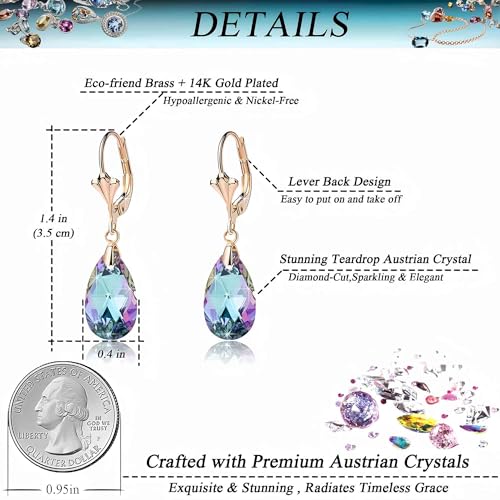 EVEVIC Austrian Crystal Teardrop Leverback Dangle Earrings for Women Fashion 14K Gold Plated Hypoallergenic Jewelry (Vitrail Light) - Image 4