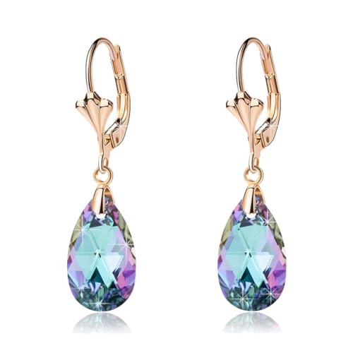 EVEVIC Austrian Crystal Teardrop Leverback Dangle Earrings for Women Fashion 14K Gold Plated Hypoallergenic Jewelry (Vitrail Light) - Image 1