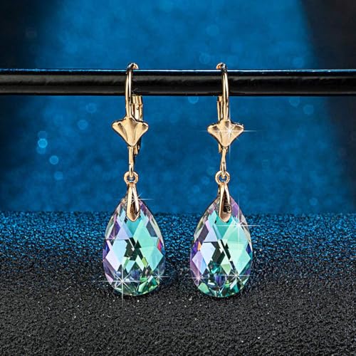 EVEVIC Austrian Crystal Teardrop Leverback Dangle Earrings for Women Fashion 14K Gold Plated Hypoallergenic Jewelry (Vitrail Light) - Image 3