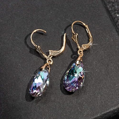 EVEVIC Austrian Crystal Teardrop Leverback Dangle Earrings for Women Fashion 14K Gold Plated Hypoallergenic Jewelry (Vitrail Light) - Image 5