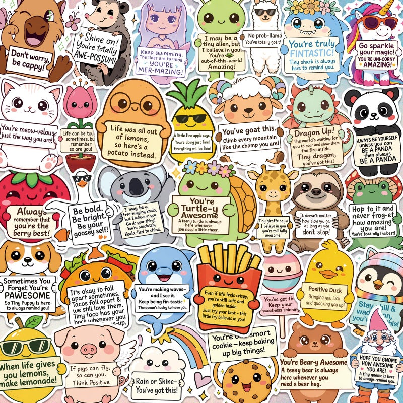 ARTSMONA 120PCS Positive Affirmation Stickers â€“ Cute Animal & Food Pun Vinyl Decals, Waterproof Funny Motivational Stickers for Water Bottles, Phones, Laptops, Journals, Scrapbooks, No Duplicates (2.8â€“3 Inch) - Image 1