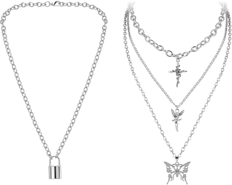 klarako Layered Chain Necklace Y2k Statement Pendant Necklace Colorful Beaded Lock Butterfly Choker Punk Necklace Jewelry for Teen Girls Woman 2000s Aesthetic Necklaces - Image 1