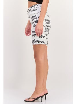 Bershka Women Allover Printed Denim Shorts, White  - Image 2