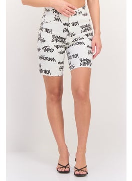 Bershka Women Allover Printed Denim Shorts, White  - Image 1