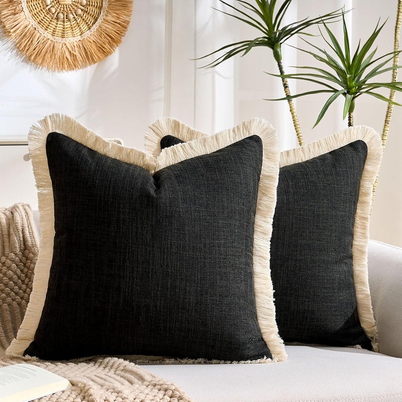 KWLET Boho Throw Pillow Covers Decorative Linen Fringe Pillowcase 16x16 Farmhouse Pillow Covers with Tassels Soft Accent Pillowcase for Couch Sofa Bed Living Room Home Decor Black - Image 1