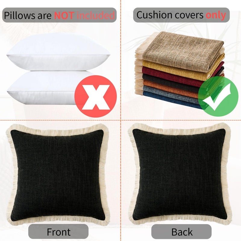 KWLET Boho Throw Pillow Covers Decorative Linen Fringe Pillowcase 16x16 Farmhouse Pillow Covers with Tassels Soft Accent Pillowcase for Couch Sofa Bed Living Room Home Decor Black - Image 5