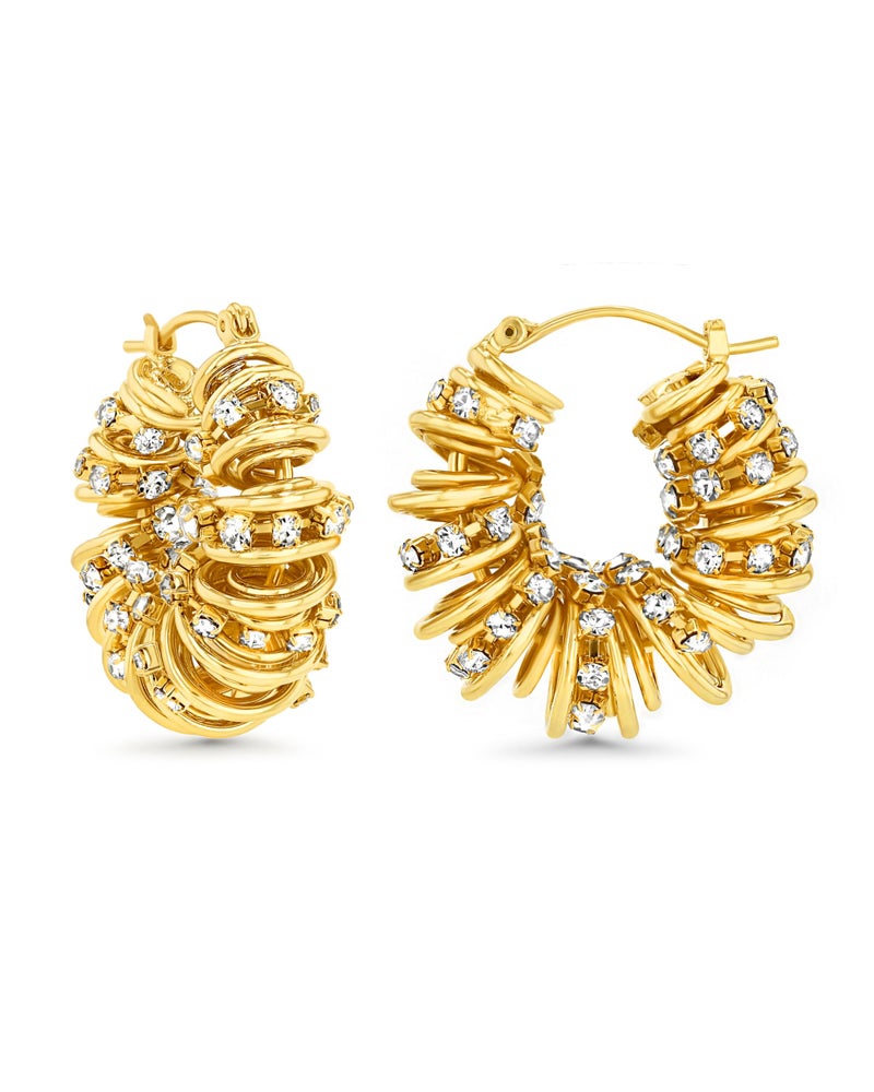 SNGIA 18K Gold Plated Chunky Curve Twisted Open Hoop Statement Stud Earrings with CZ for Women by SNGIA, Large Handmade Spiral Texture Braided Formal Trendy Hoop Jewelry Gifts, Big Circle Geometric Shell Beachy Vacation Fashion Hanging Earrings Accessories, Vintage Retro Thick Bohemian Nickle Free Circular Sun Dangle Earrings. - Image 1