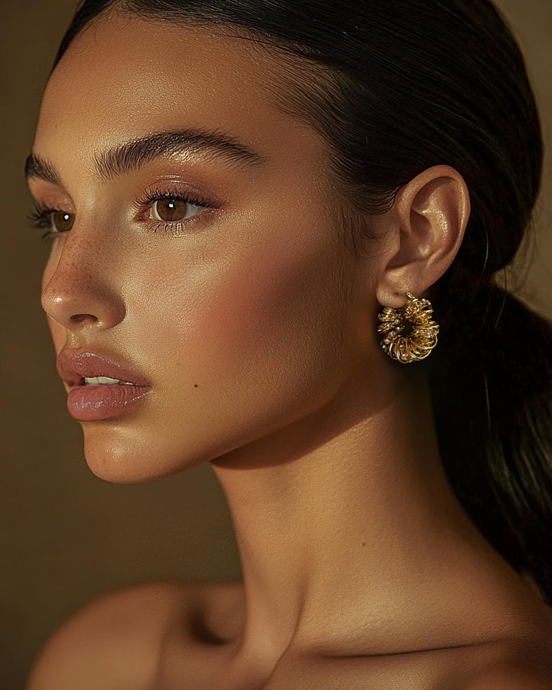 SNGIA 18K Gold Plated Chunky Curve Twisted Open Hoop Statement Stud Earrings with CZ for Women by SNGIA, Large Handmade Spiral Texture Braided Formal Trendy Hoop Jewelry Gifts, Big Circle Geometric Shell Beachy Vacation Fashion Hanging Earrings Accessories, Vintage Retro Thick Bohemian Nickle Free Circular Sun Dangle Earrings. - Image 3