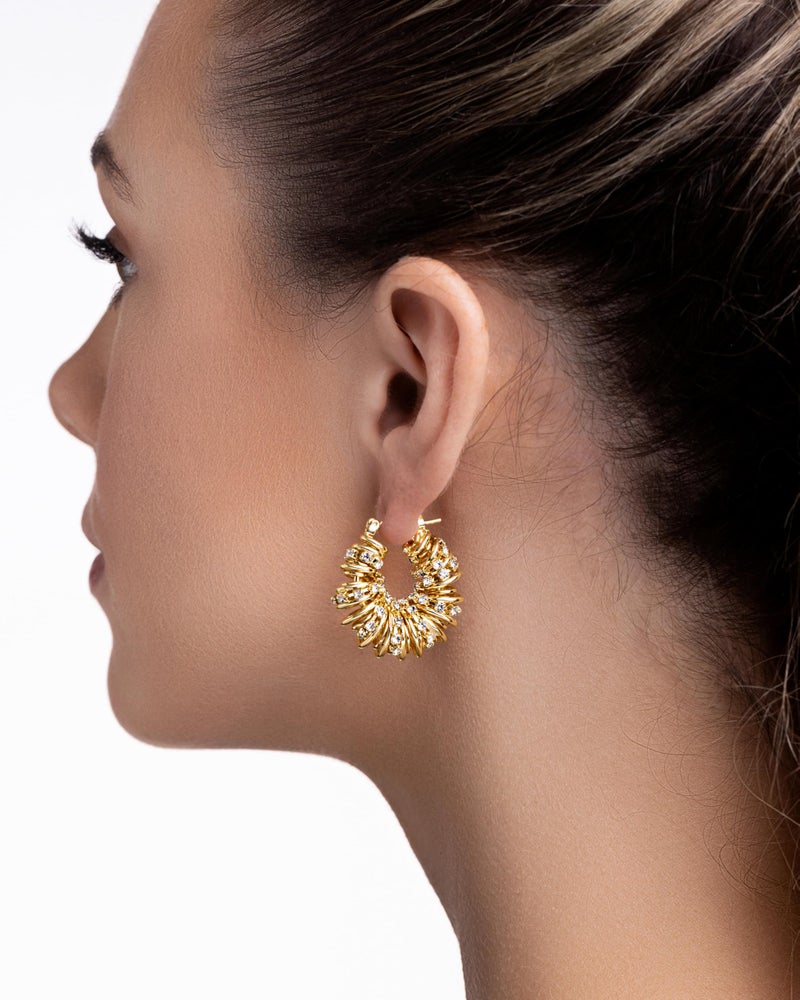 SNGIA 18K Gold Plated Chunky Curve Twisted Open Hoop Statement Stud Earrings with CZ for Women by SNGIA, Large Handmade Spiral Texture Braided Formal Trendy Hoop Jewelry Gifts, Big Circle Geometric Shell Beachy Vacation Fashion Hanging Earrings Accessories, Vintage Retro Thick Bohemian Nickle Free Circular Sun Dangle Earrings. - Image 5