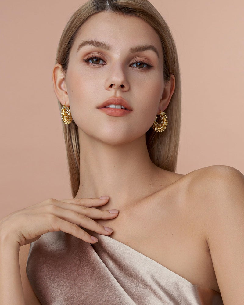 SNGIA 18K Gold Plated Chunky Curve Twisted Open Hoop Statement Stud Earrings with CZ for Women by SNGIA, Large Handmade Spiral Texture Braided Formal Trendy Hoop Jewelry Gifts, Big Circle Geometric Shell Beachy Vacation Fashion Hanging Earrings Accessories, Vintage Retro Thick Bohemian Nickle Free Circular Sun Dangle Earrings. - Image 2