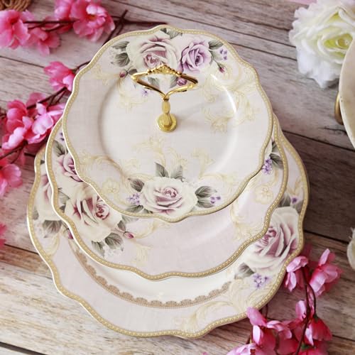 Vigneto Gold Roses Three Tier Dessert Stand, Cupcake Display and Cake Stand, Detachable Serving Dessert Tower | Finest Premium Porcelain - Image 1