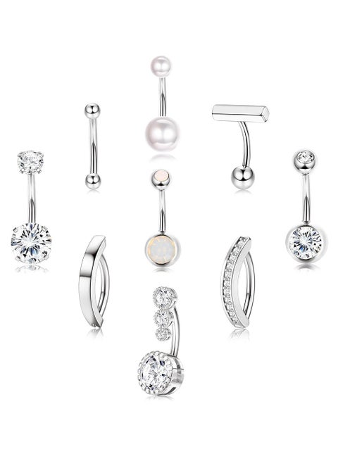 9 قطع من حلقات ثقب البطن المصنوعة من الفولاذ المقاوم للصدأ الفضية، حلقات السرة المتدلية الطويلة، مجموعة مجوهرات ثقب الجسم العصرية المرصعة بحجر الراين، مجوهرات ثقب البطن للنساء والفتيات هدايا مجوهرات مثالية