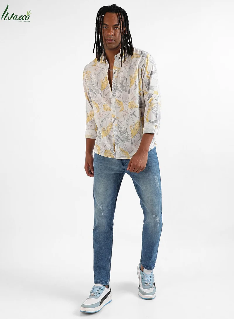 Campus Sutra Campus Sutra Men's Grey & Yellow Minimal Lined Shirt For Casual Wear | Made With Eco-Liva Fabric | Spread Collar | Long Sleeve | Button Closure | Shirt Crafted With Comfort Fit For Everyday Wear