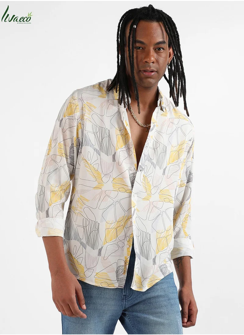 Campus Sutra Campus Sutra Men's Grey & Yellow Minimal Lined Shirt For Casual Wear | Made With Eco-Liva Fabric | Spread Collar | Long Sleeve | Button Closure | Shirt Crafted With Comfort Fit For Everyday Wear