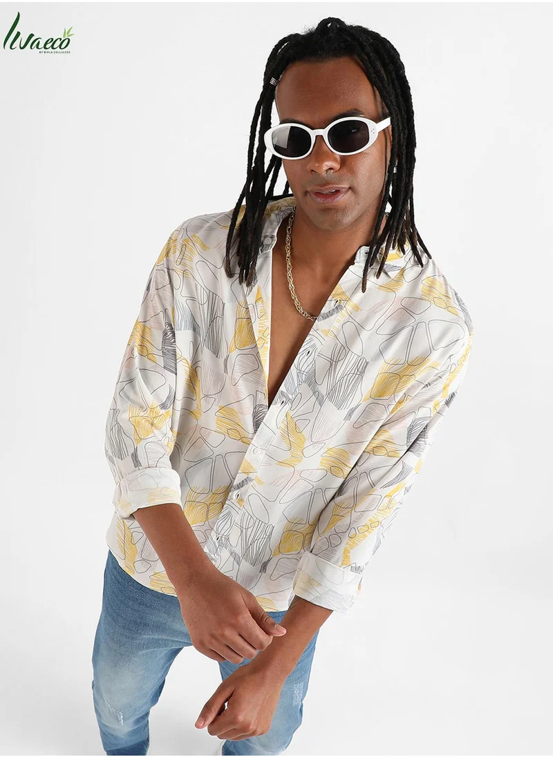 Campus Sutra Campus Sutra Men's Grey & Yellow Minimal Lined Shirt For Casual Wear | Made With Eco-Liva Fabric | Spread Collar | Long Sleeve | Button Closure | Shirt Crafted With Comfort Fit For Everyday Wear
