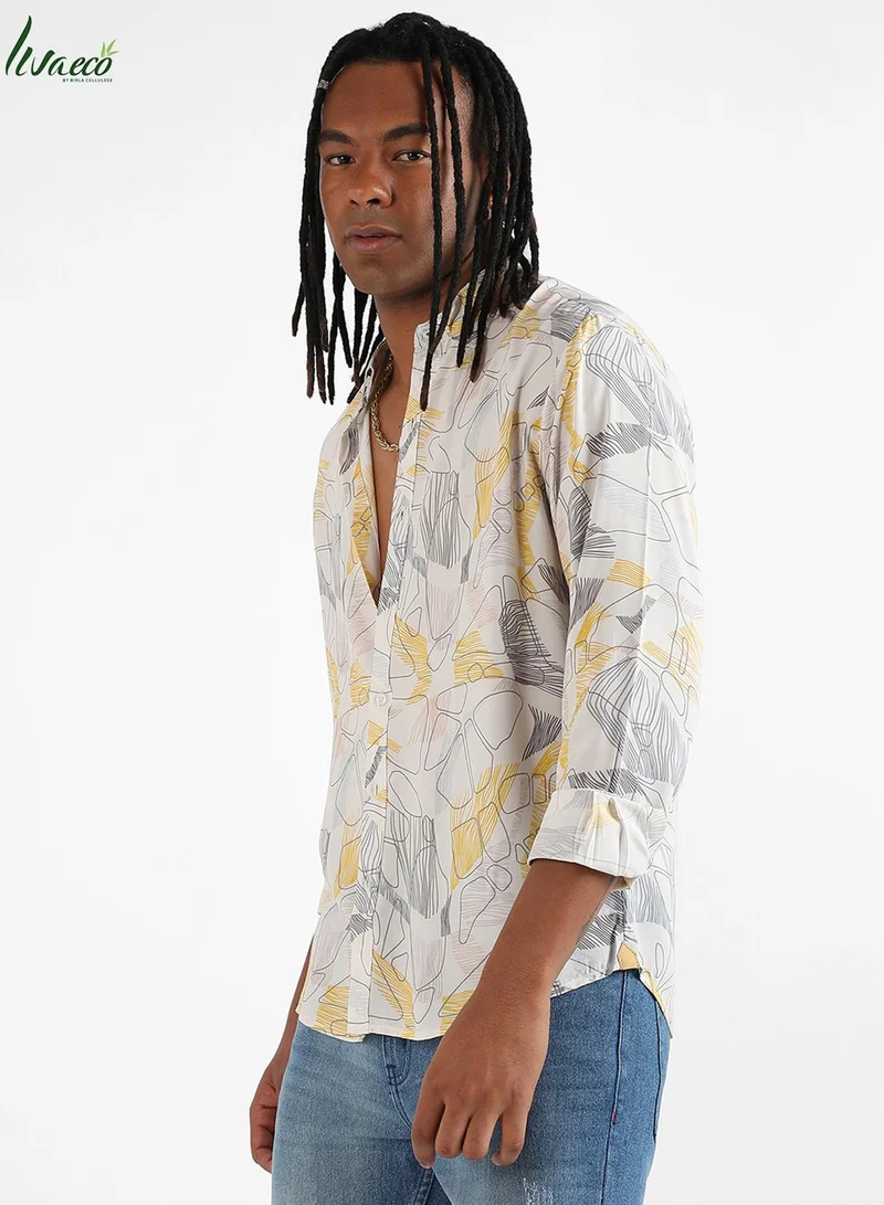 Campus Sutra Campus Sutra Men's Grey & Yellow Minimal Lined Shirt For Casual Wear | Made With Eco-Liva Fabric | Spread Collar | Long Sleeve | Button Closure | Shirt Crafted With Comfort Fit For Everyday Wear