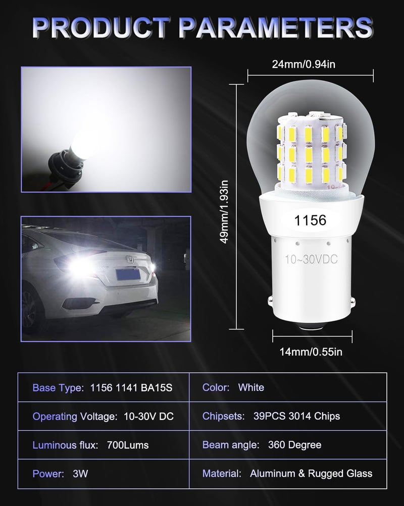 Alopee 1156 LED Bulb White Super Bright Non Polarity DC 9-30V Replacement for P21W 7506 1141 5008 Reverse Turn Signal Brake Lights Motorcycle Lawn Tractor Light, Pack of 2 - Image 2
