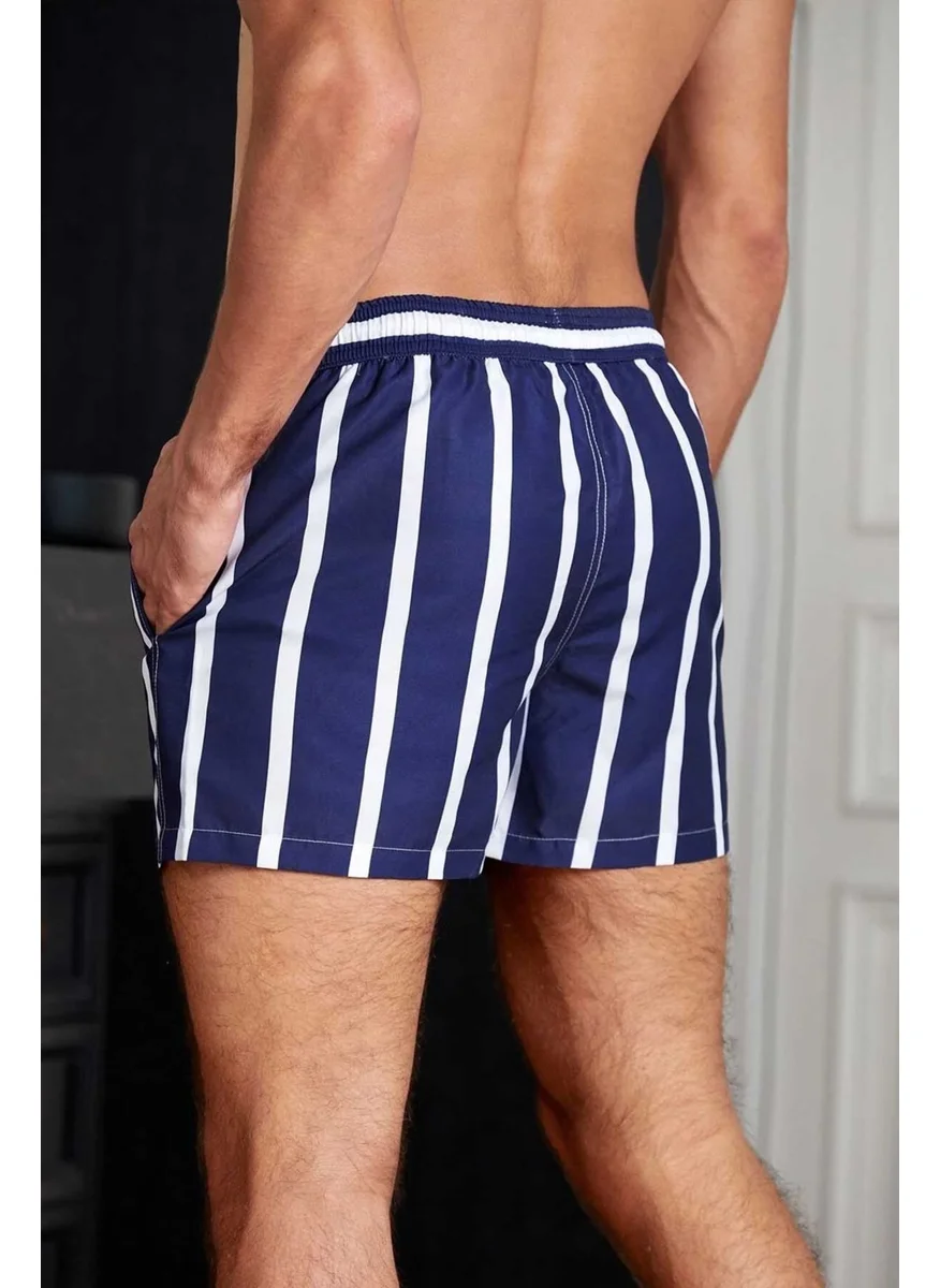 Angelsin Men's Basic Standard Size Striped Printed Swimsuit with Pockets Swim Shorts