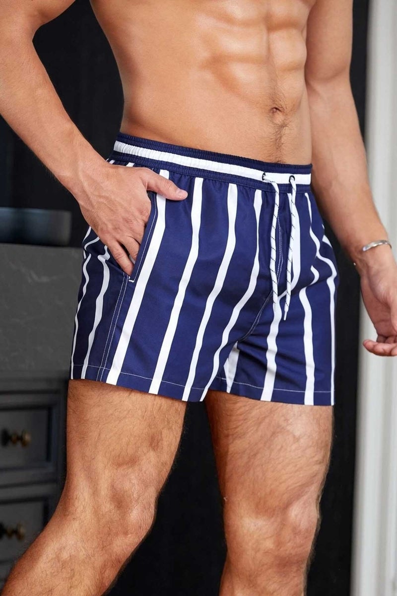 Angelsin Men's Basic Standard Size Striped Printed Swimsuit with Pockets Swim Shorts  - Image 2