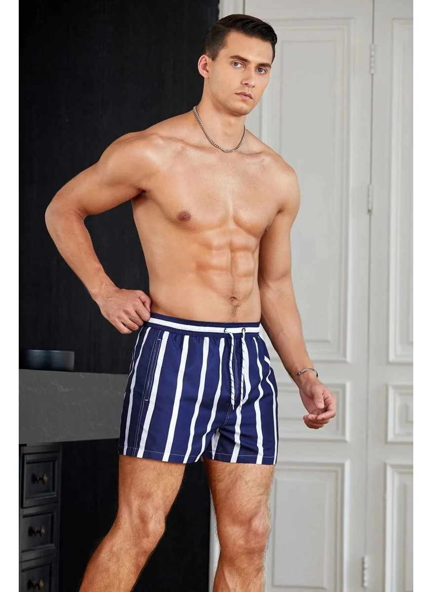 Angelsin Men's Basic Standard Size Striped Printed Swimsuit with Pockets Swim Shorts