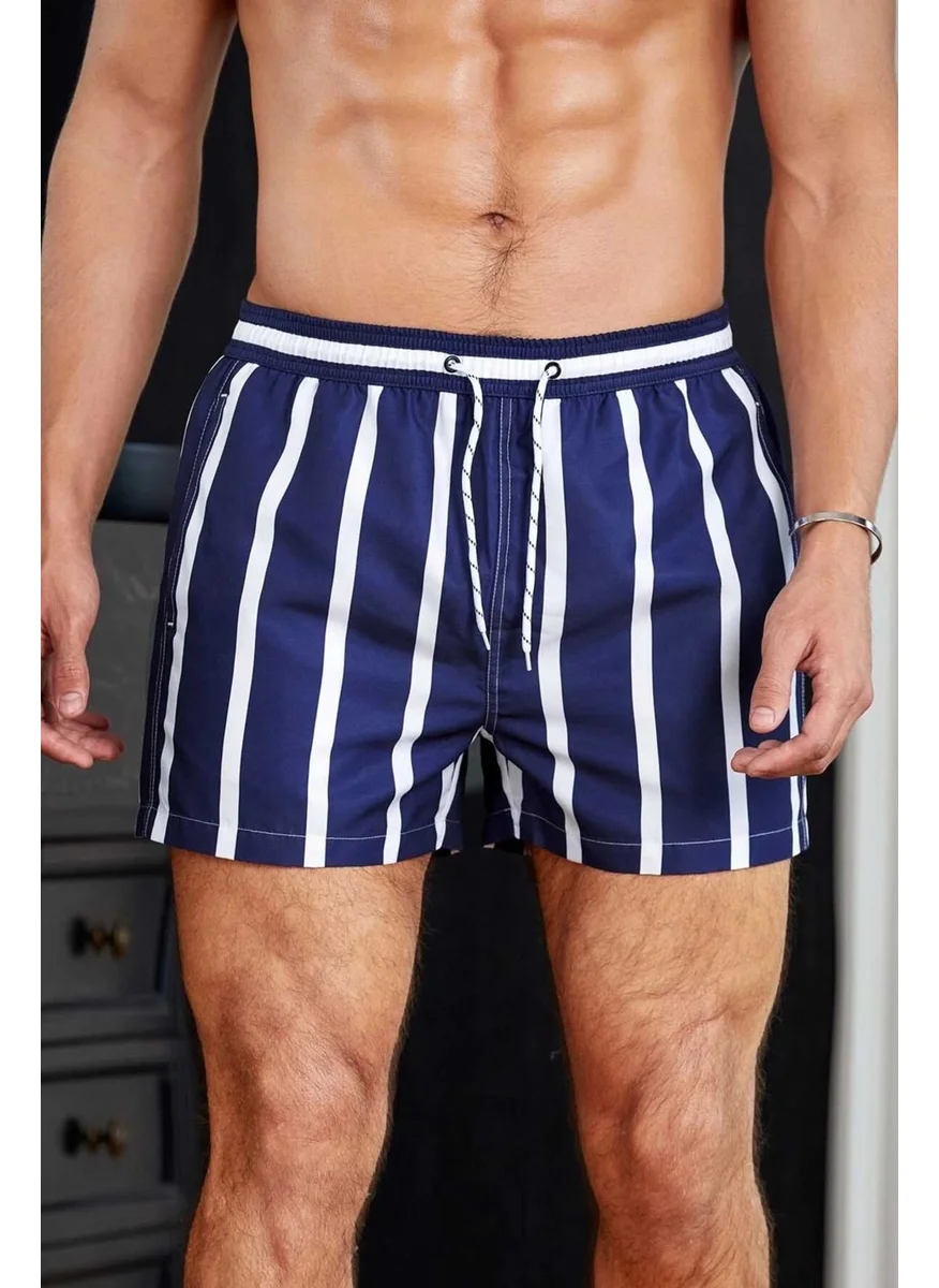 Angelsin Men's Basic Standard Size Striped Printed Swimsuit with Pockets Swim Shorts