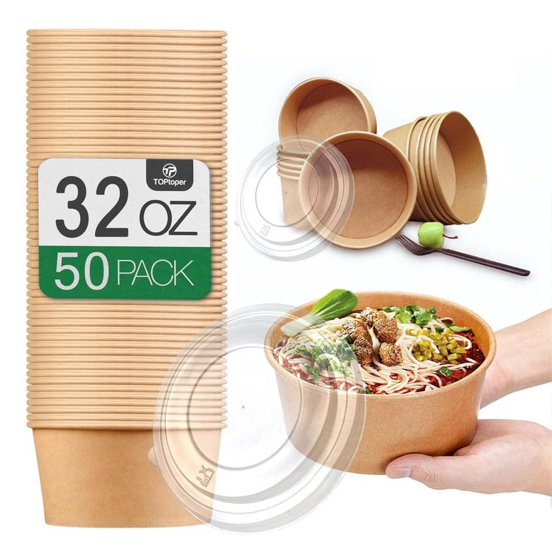 TOPtoper 50 Pcs 32 Oz Large Paper Bowls with Lids, Disposable Soup Serving Bowls Bulk Party Supplies for Hot/Cold Food, Soup (32 OZ) - Image 1
