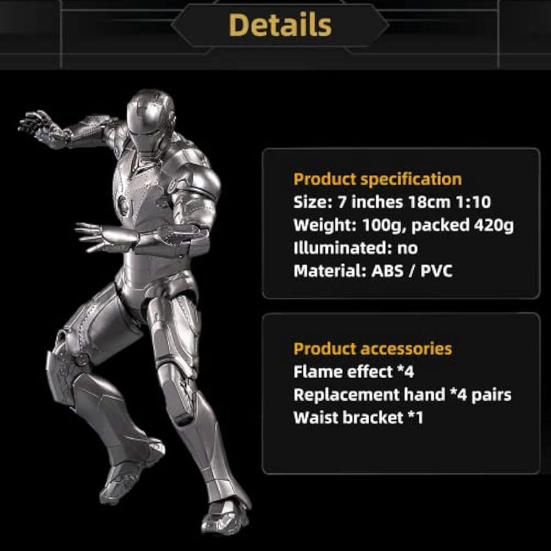 Ironman MK2 Collectible Action Figure,7 Inch 10th Anniversary Metal Texture Painting Movable Mark Model Toys (MK II) - Image 3
