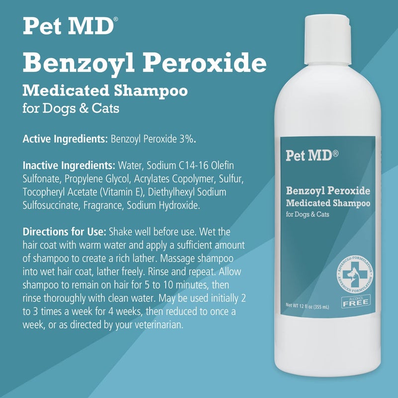 Pet MD بيت ميد - شامبو طبي يحتوي على بنزويل بيروكسيد للكلاب والقطط - فعال لعلاج مشاكل الجلد، القشرة، تخفيف الحكة، حب الشباب والتهاب الجريبات - برائحة الحمضيات - 12 أوقية - Image 2