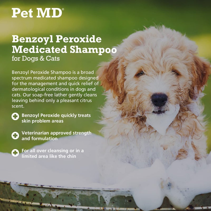 Pet MD بيت ميد - شامبو طبي يحتوي على بنزويل بيروكسيد للكلاب والقطط - فعال لعلاج مشاكل الجلد، القشرة، تخفيف الحكة، حب الشباب والتهاب الجريبات - برائحة الحمضيات - 12 أوقية - Image 3