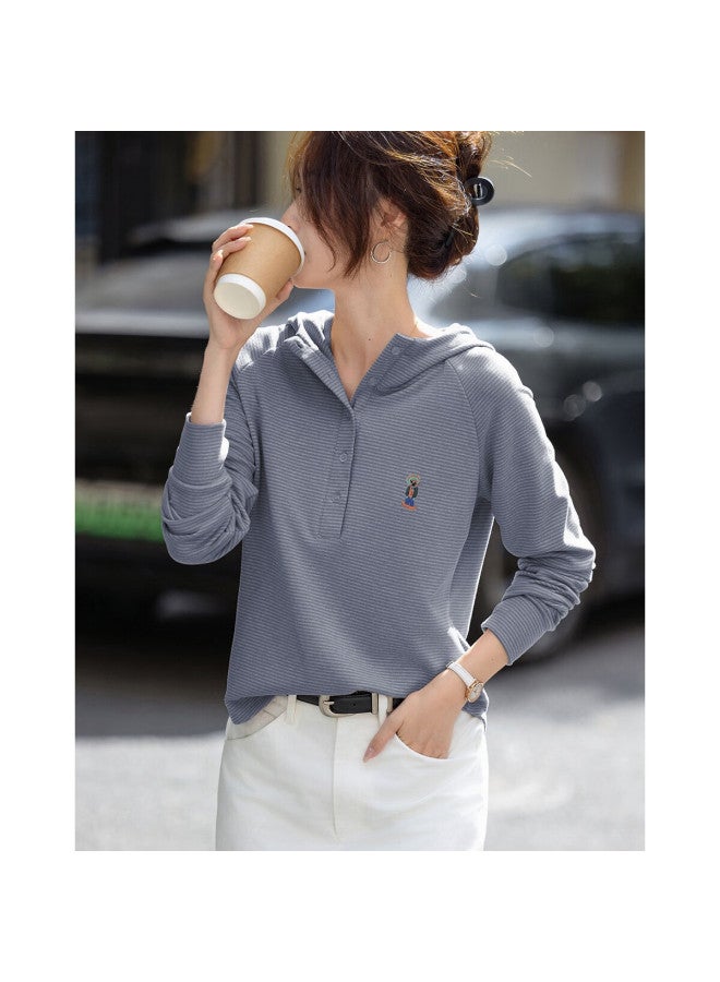 dme Demana [stripe Code] Autumn Korean Style Fashion Hooded Embroidered Loose Stretchy Pee Sweatshirt For Women - Image 1