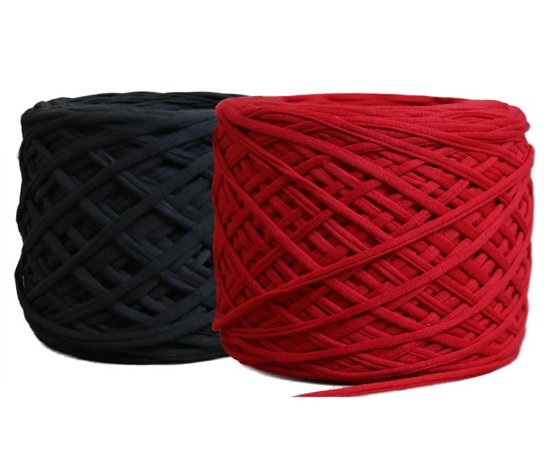 XY DECOR Hosiery Cotton-Lycra Elastic Fabric T-Shirt Yarn for Crochet/Needle Knitting Yarn Thread Dyed Hand Knitting Crochet Craft Soft, Yarn for Diy Handbags, Baskets, Carpets & Many More - (Red & Black) - Image 1