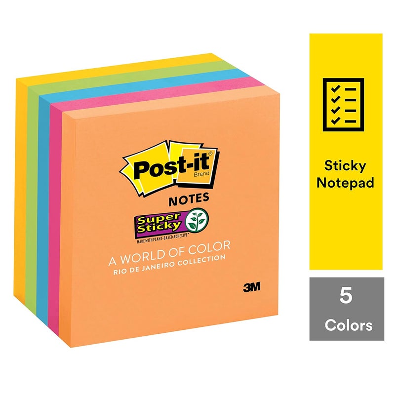 Post It ملاحظات لاصقة فائقة، قوة لاصقة 2X، 3 بوصة × 3 بوصة، 5 دفاتر/عبوة، 90 ورقة/دفتر (لون نيون) - Image 1