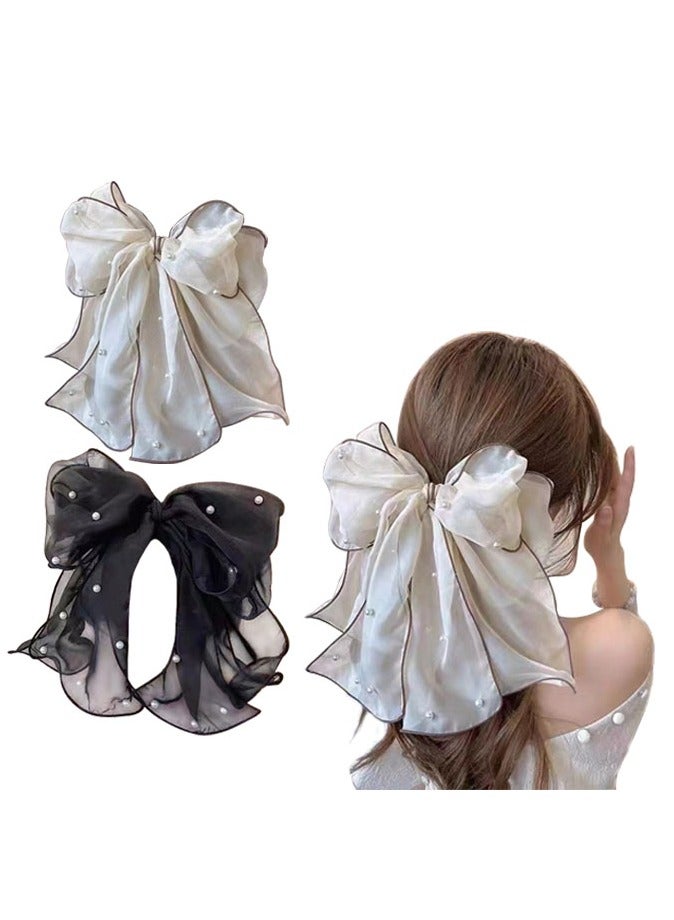 2-Pieces Pearl Mesh Tulle Bowknot Big Hair Clips for Women 