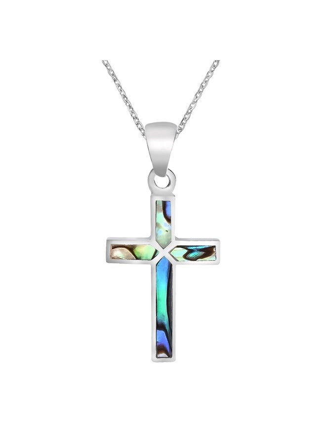AeraVida - Iridescent Cross Of Faith Abalone Shell .925 Sterling Silver Necklace, 18 Inch - Image 1