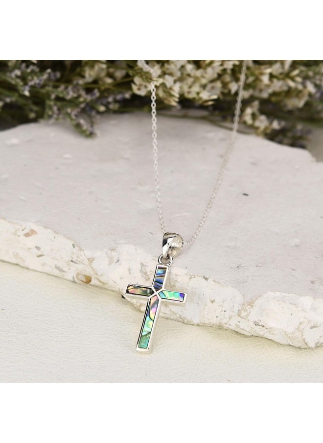AeraVida - Iridescent Cross Of Faith Abalone Shell .925 Sterling Silver Necklace, 18 Inch - Image 1