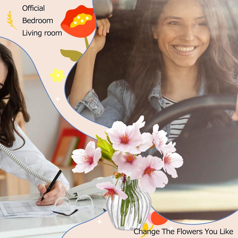 ORIESSE Artificial Cherry Blossoms with Mini Glass Vase for Car Dashboard Office Desk Decor,Pink White Flower Bouquets,Cute Car and Office Decoration Aesthetics - Image 5