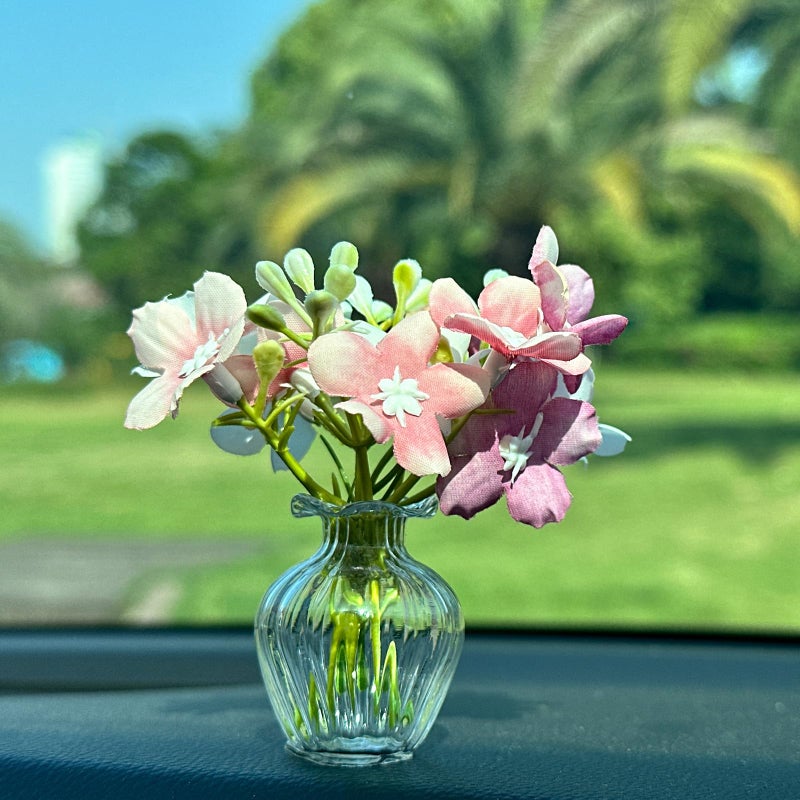 ORIESSE Artificial Cherry Blossoms with Mini Glass Vase for Car Dashboard Office Desk Decor,Pink White Flower Bouquets,Cute Car and Office Decoration Aesthetics - Image 1