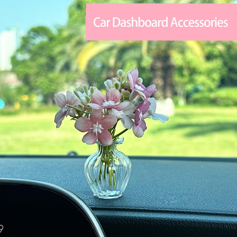 ORIESSE Artificial Cherry Blossoms with Mini Glass Vase for Car Dashboard Office Desk Decor,Pink White Flower Bouquets,Cute Car and Office Decoration Aesthetics - Image 3