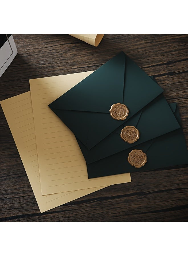 Vintage-Inspired Dark Green Stationery Set – Matte Finish College Ruled Letter Sheets (10), Seal Stickers (3), & Envelopes (3) for Romantic Correspondence‌ - Image 1