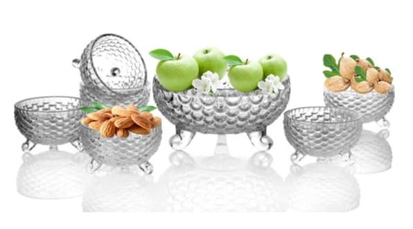 MARTVIA Glass Serving Bowls Set of 7 pcs Dessert Bowl Set, Glassware Tableware Serving Bowl Set for Ice-Cream, Fruit, Candy, Pasta, Salad, Sugar 1 Big Bowl, 6 Small Bowl (Flower- A, Set of 7) - Image 3