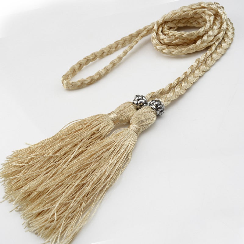 Braided Tassel Belt Ladies Skinny Butterfly Knot Light Khaki 