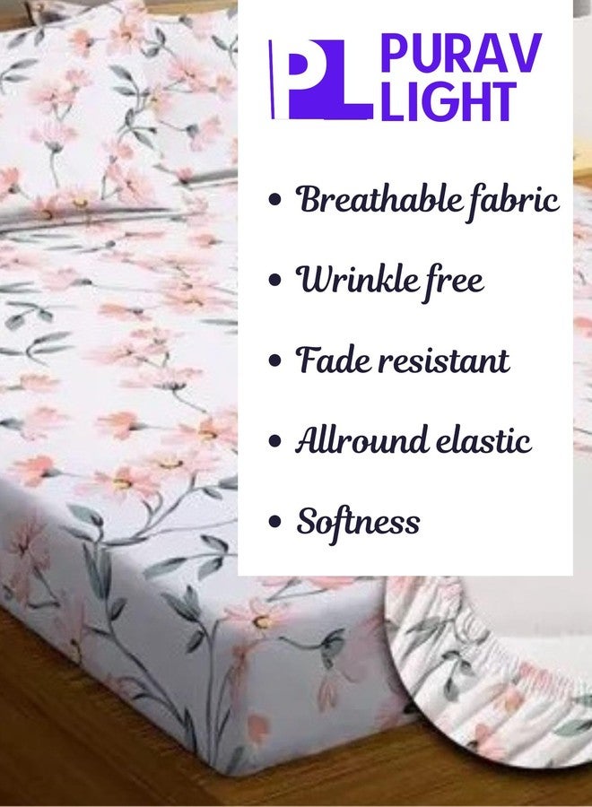 Purav Light Microfiber Fitted Elastic Double Bed Bedsheet| Floral Printed Cotton Bedsheet with 2 Pillow Cover for King Size Bed| Supersoft 340 TC| Breathable| Wrinklefree| (Size: 72x78 inch, White) - Image 5