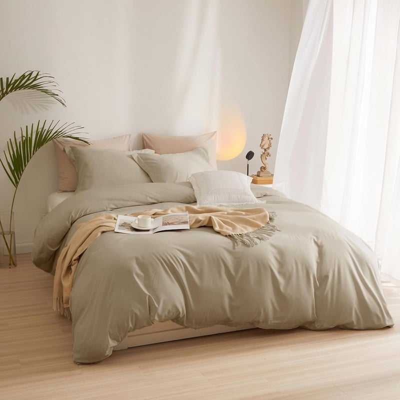 AMWAN Taupe Duvet Cover Queen Soft Khaki Tan Duvet Cover Queen Size Modern Style 3 Pieces Comforter Cover with Zipper Closure Boho Taupe Tan Bedding Set 1 Queen Duvet Cover 90”x90” with 2 Pillowcases - Image 2