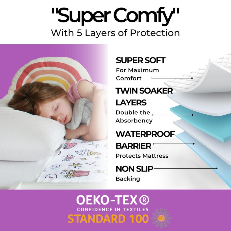 Hygge Supplies أوراق هيغ® لمرحلة تدريب الأطفال على استخدام المرحاض، للأطفال، الصغار - 100% مقاومة للماء، وسادة لمنع انزلاق السرير لأسرة التوأم - قابلة للغسل، قابلة لإعادة الاستخدام لحماية المرتبة والشراشف - وحيد القرن - Image 4